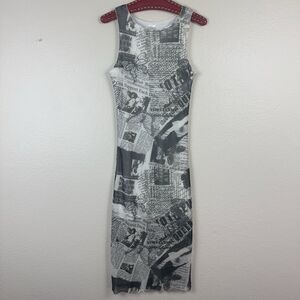 NWT Newspaper Print Semi Sheer Mesh Sleeveless Midi Dress Gray Cream Large